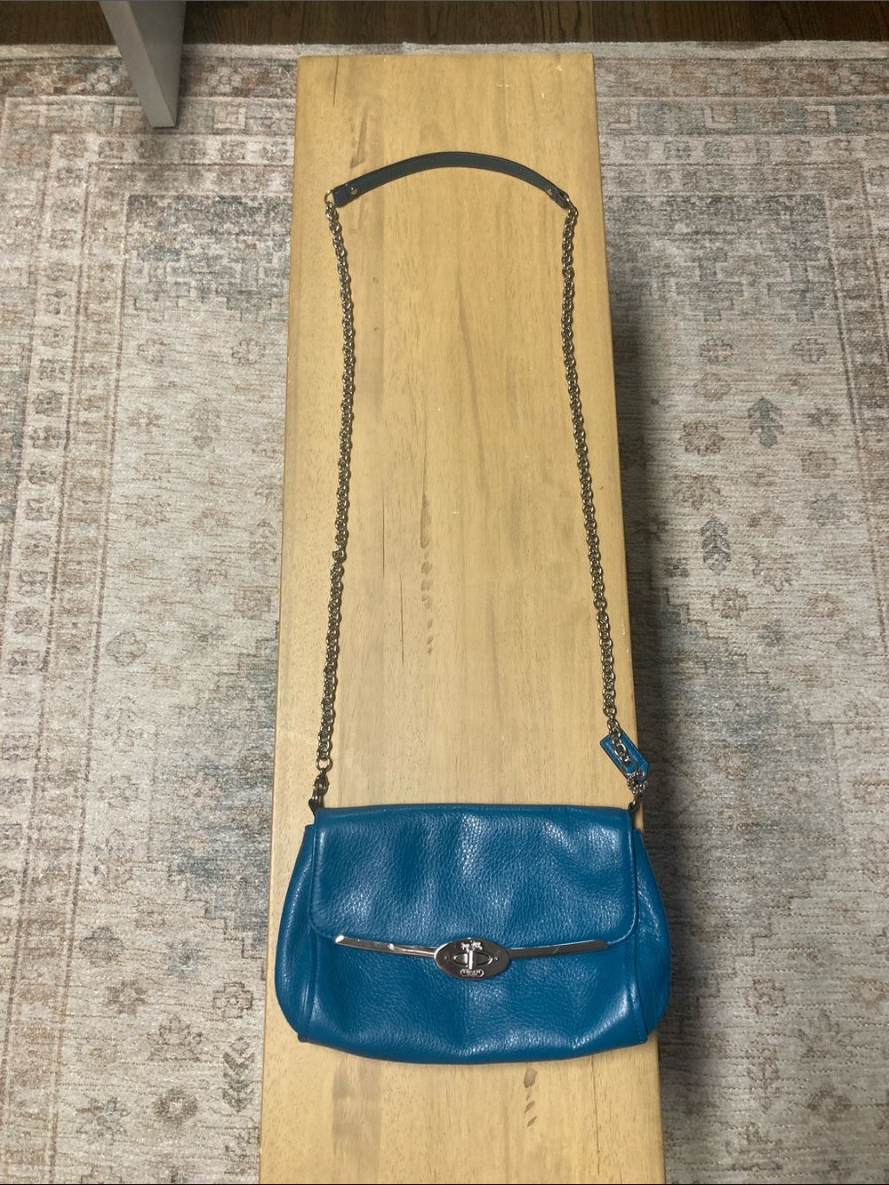 Coach Teal Blue Pebbled Leather Shoulder Bag with Turn-Lock